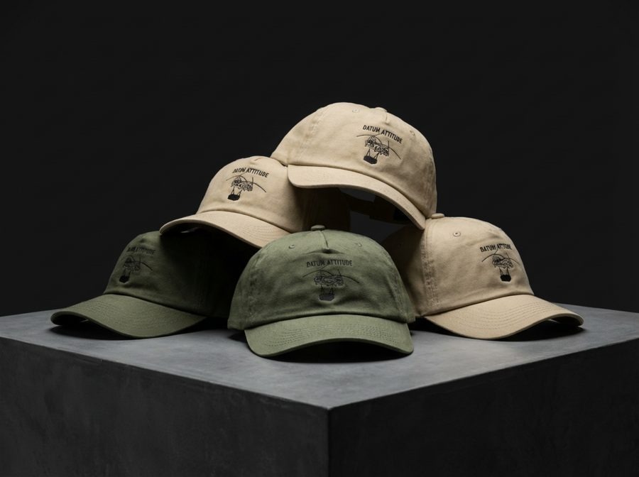 Stack of five Datum Attitude embroidered dad caps in beige and olive, arranged on a dark grey suede pedestal against black
