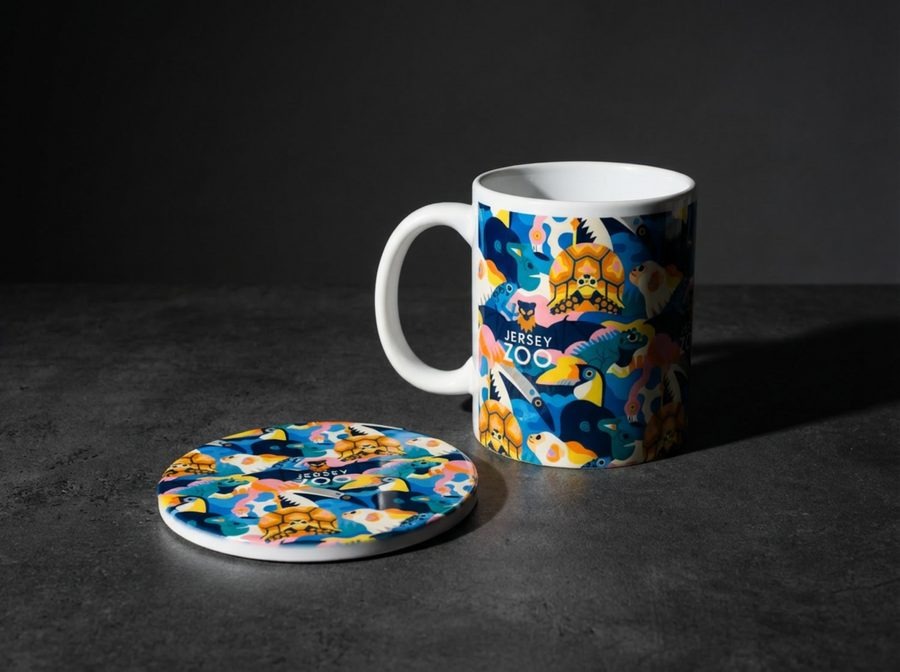 Jersey Zoo branded ceramic mug with matching circular coaster, colourful wildlife pattern on dark grey textured ground
