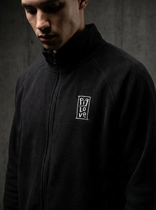Model wearing a Piglove black embroidered fleece against a concrete wall in low light