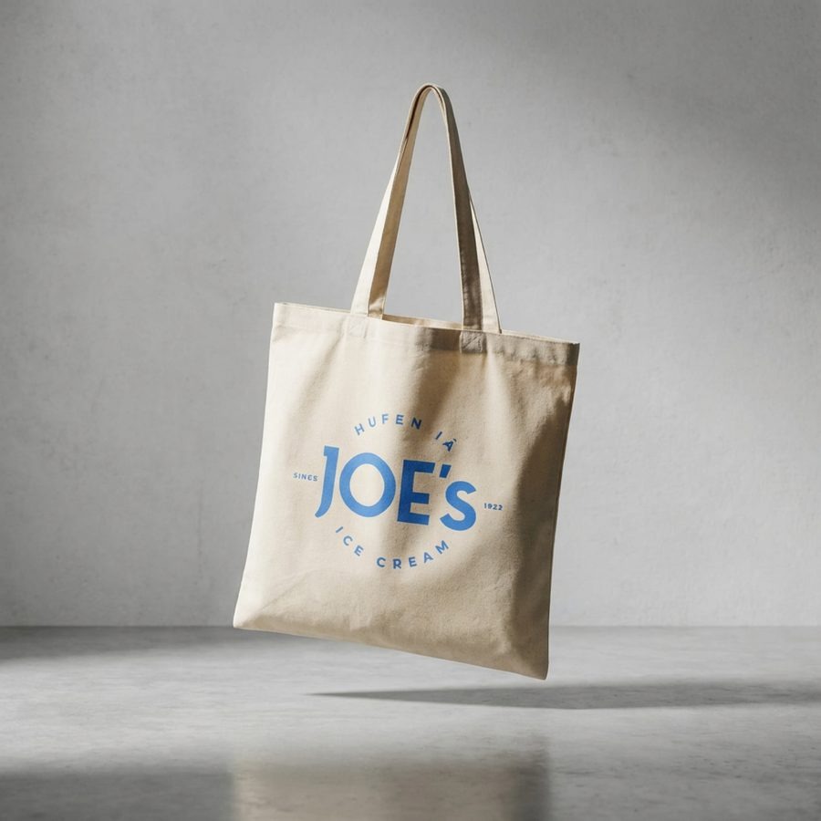Joe's Ice Cream blue logo printed on a natural canvas tote bag, suspended in pale studio light against concrete