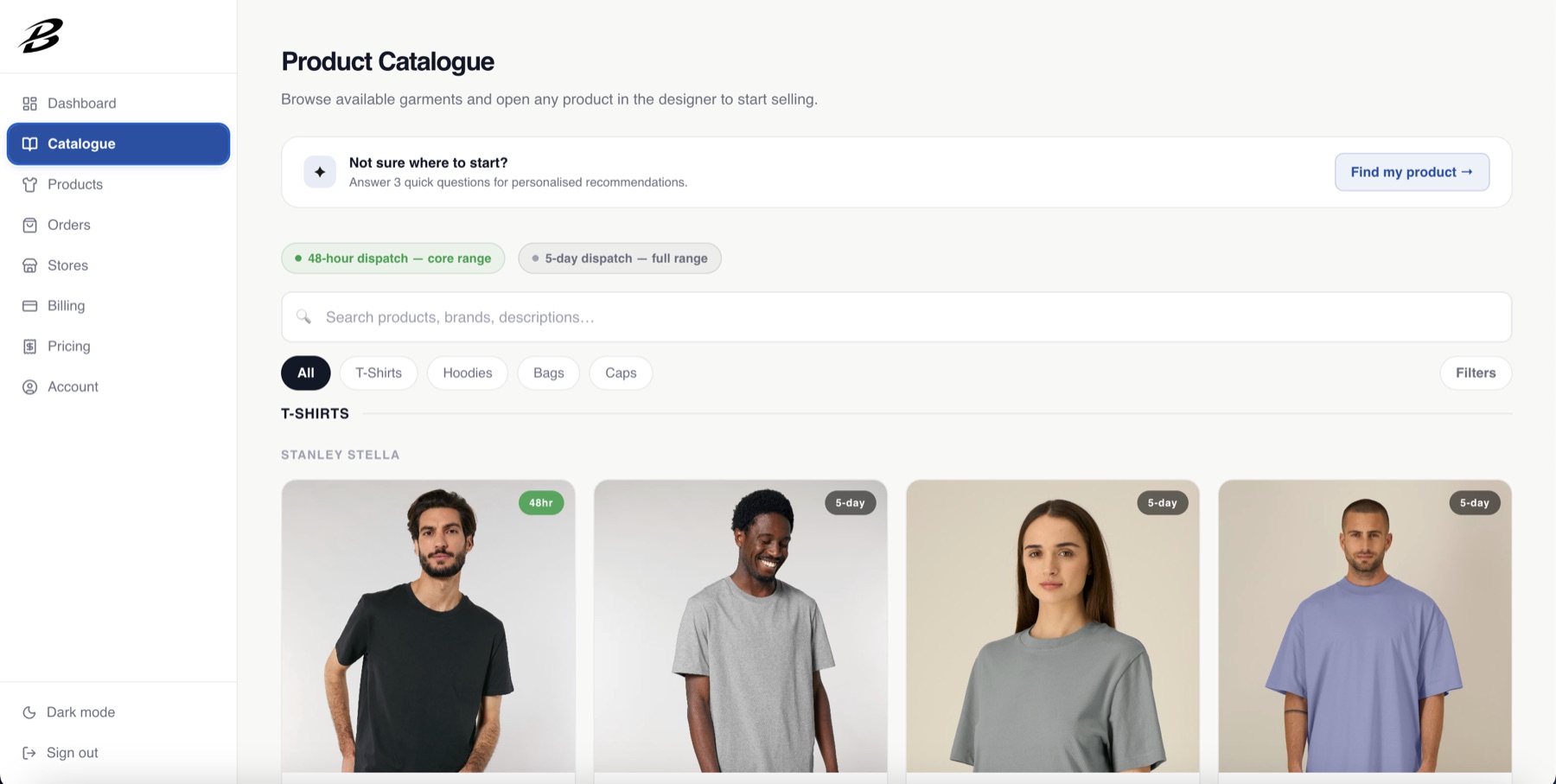 Brandflow catalogue page — Not sure where to start banner, dispatch filter chips, search bar, category tabs and a row of Stanley Stella t-shirt cards