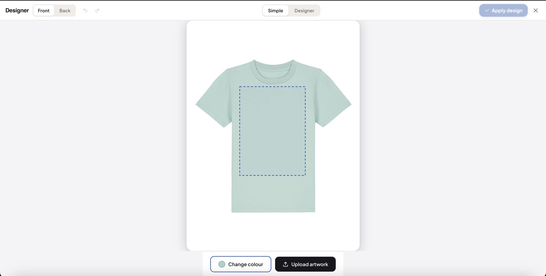 Brandflow Designer in Simple mode — a centred t-shirt mockup with a dashed blue print area and just two buttons: Change colour and Upload artwork