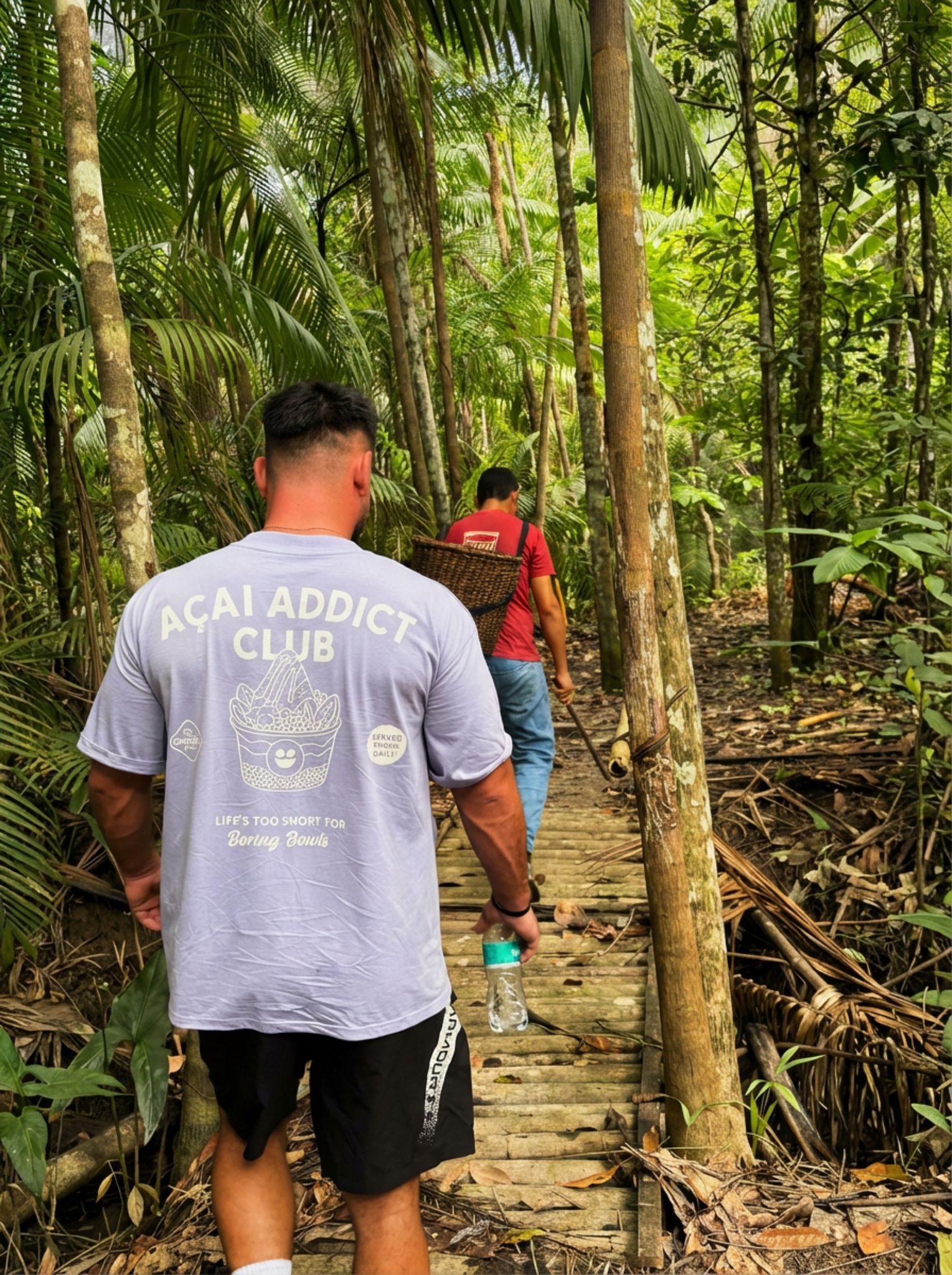 Manifest team in Açaí Addict Club tee in the Brazilian rainforest