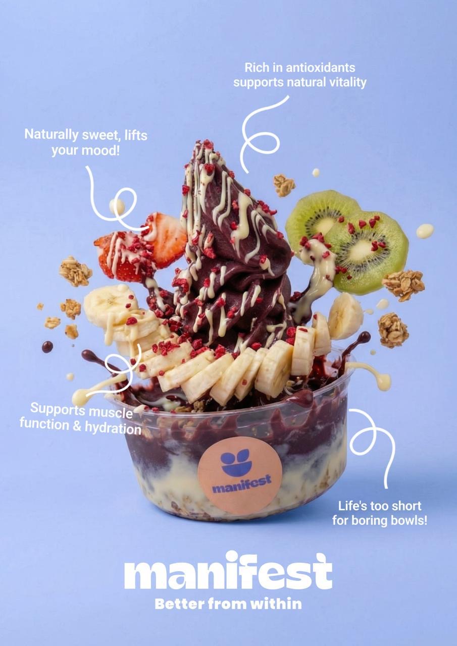 Manifest in-store poster — blue bowl with benefit callouts