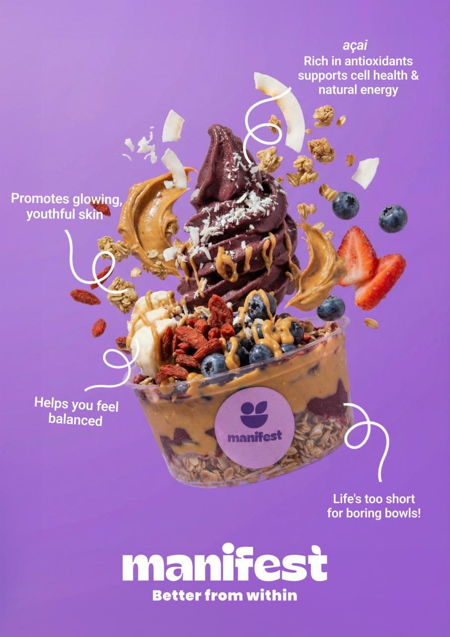 Manifest in-store poster — purple bowl with benefit callouts