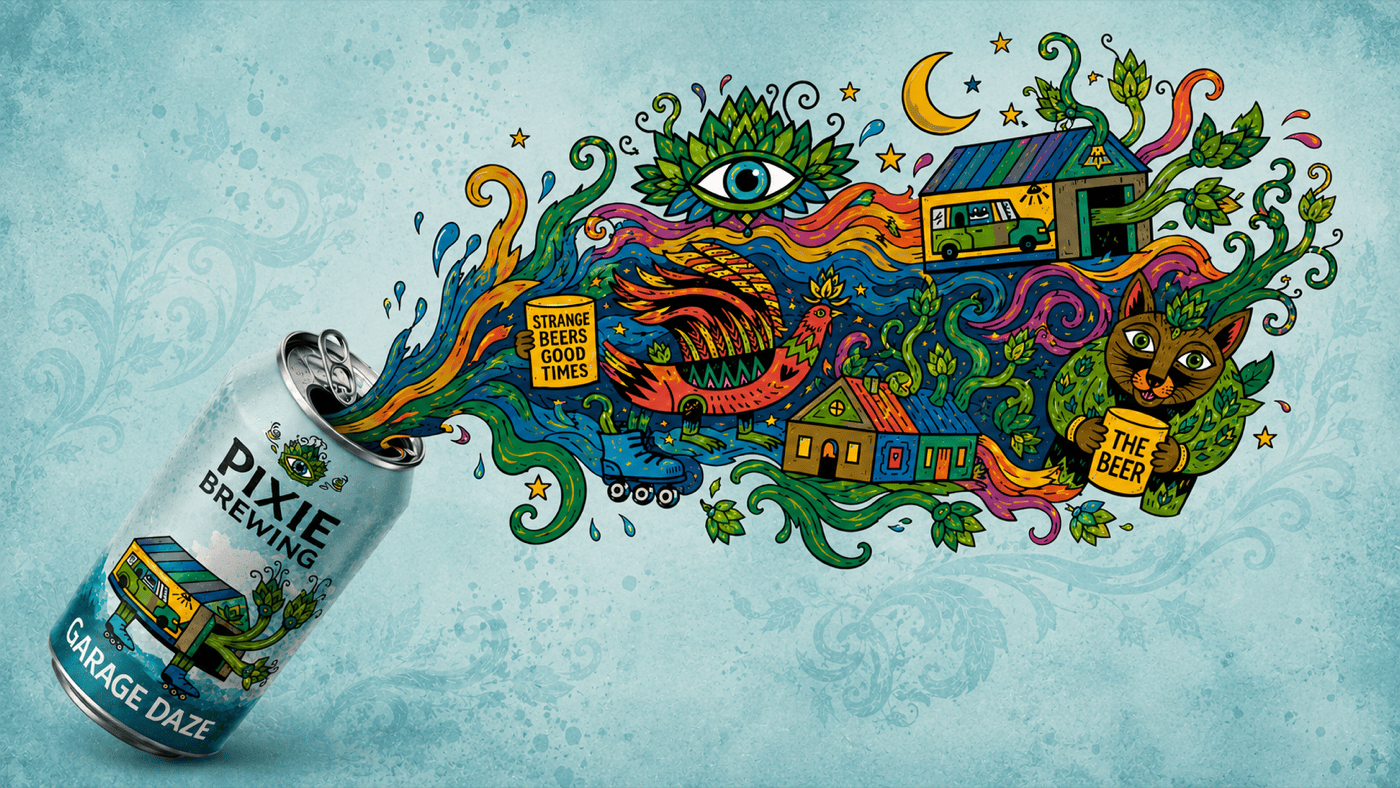 Pixie Brewing Garage Daze can mockup — the printed can stands left, with the artwork bursting out the open lid: hop plants, a kombi van, a small house, a cat holding a beer mug, and Strange Beers Good Times text floating in the centre