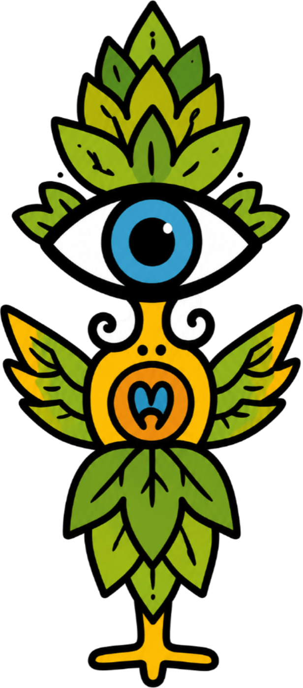 Vertical totem variant — eye atop a hop body with leafy wings