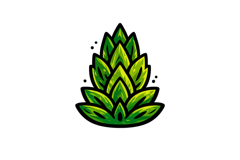 Isolated hop motif — single hop cone in green with thick black outline