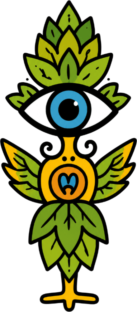 Vertical totem variation — eye above a hop-leaf body with leafy wings and a small drip