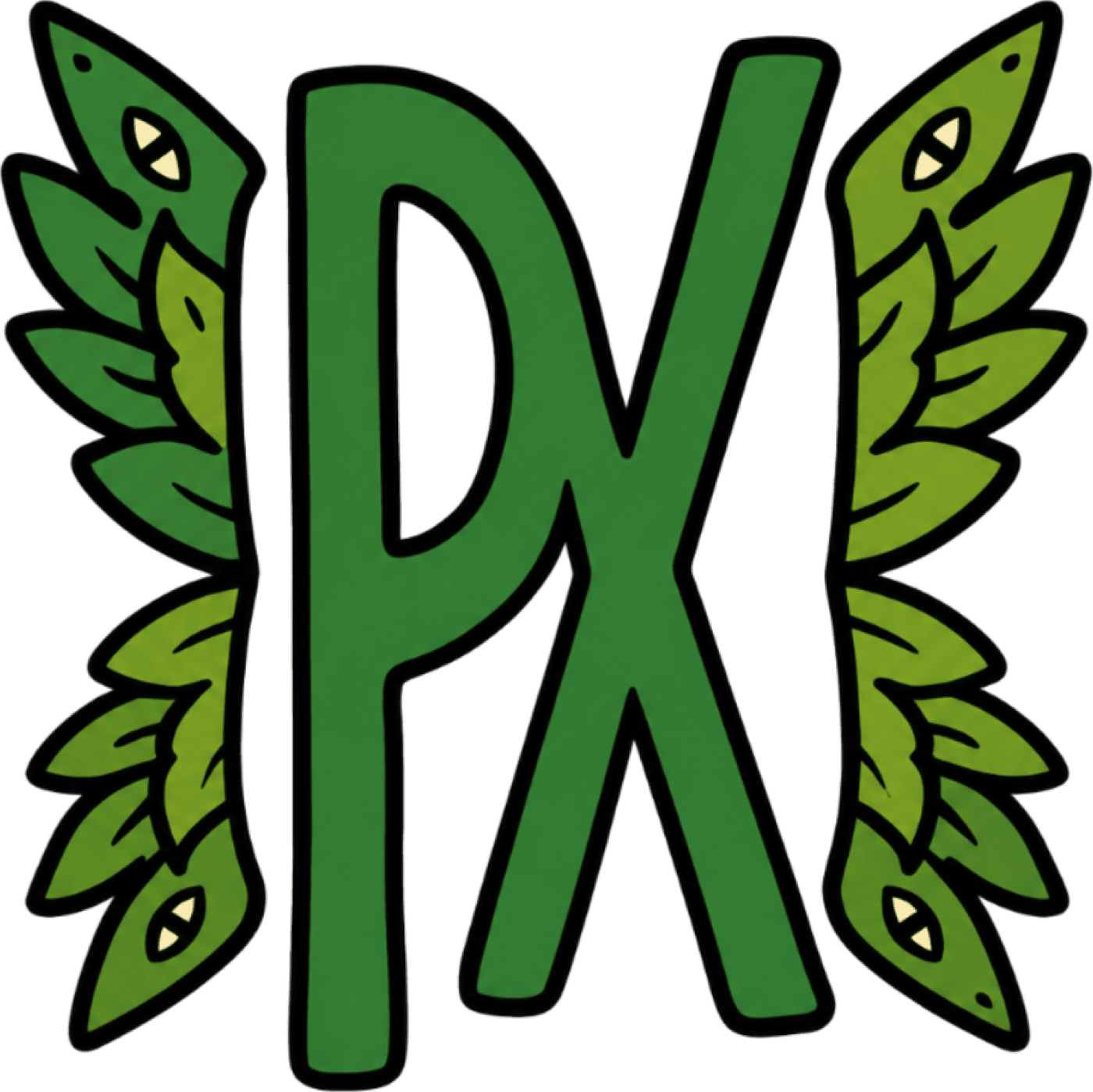 PX monogram — hand-drawn PX letters inside a circular wreath of hops with tiny eyes