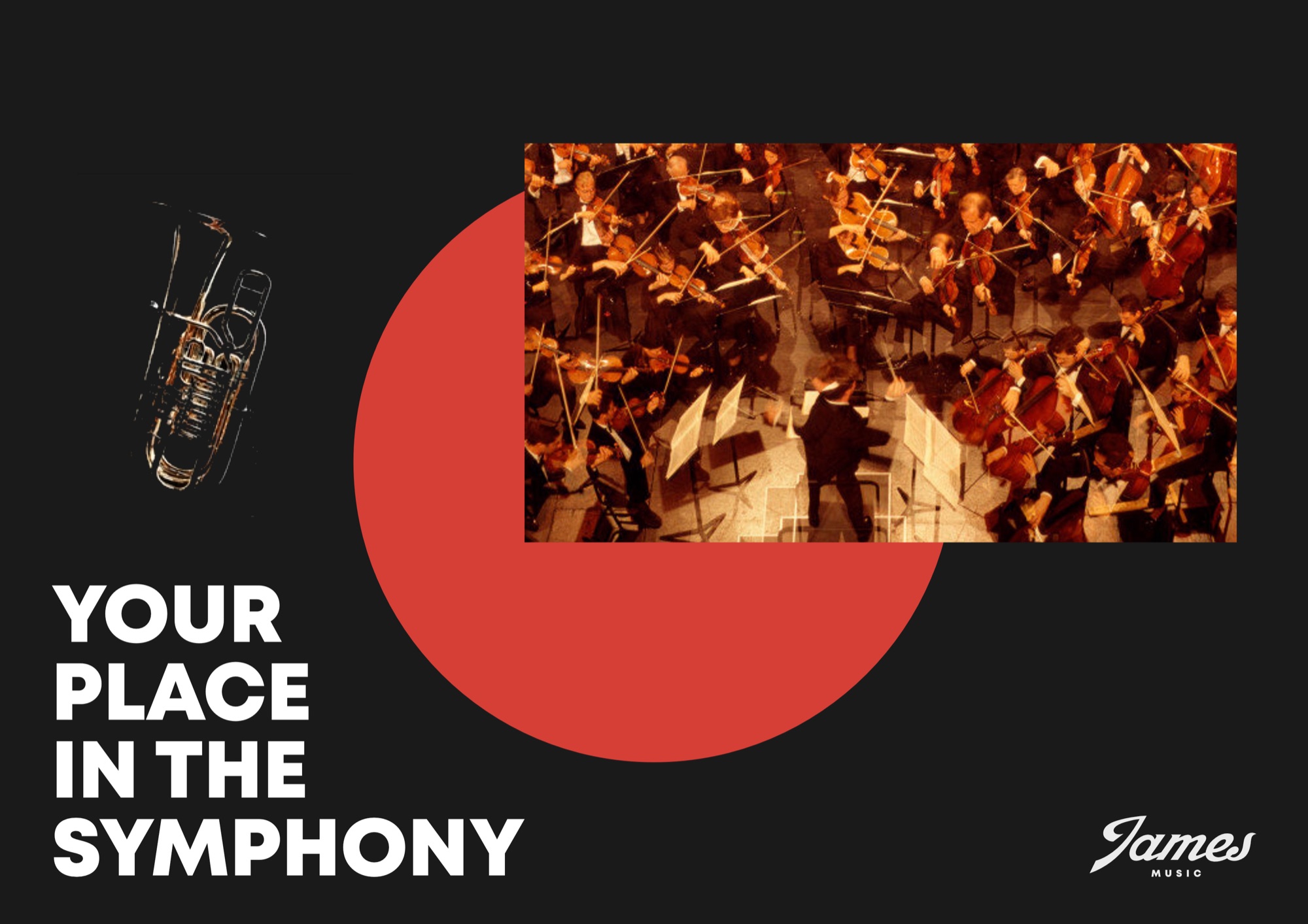Your Place in the Symphony — campaign poster, orchestra image with red sun