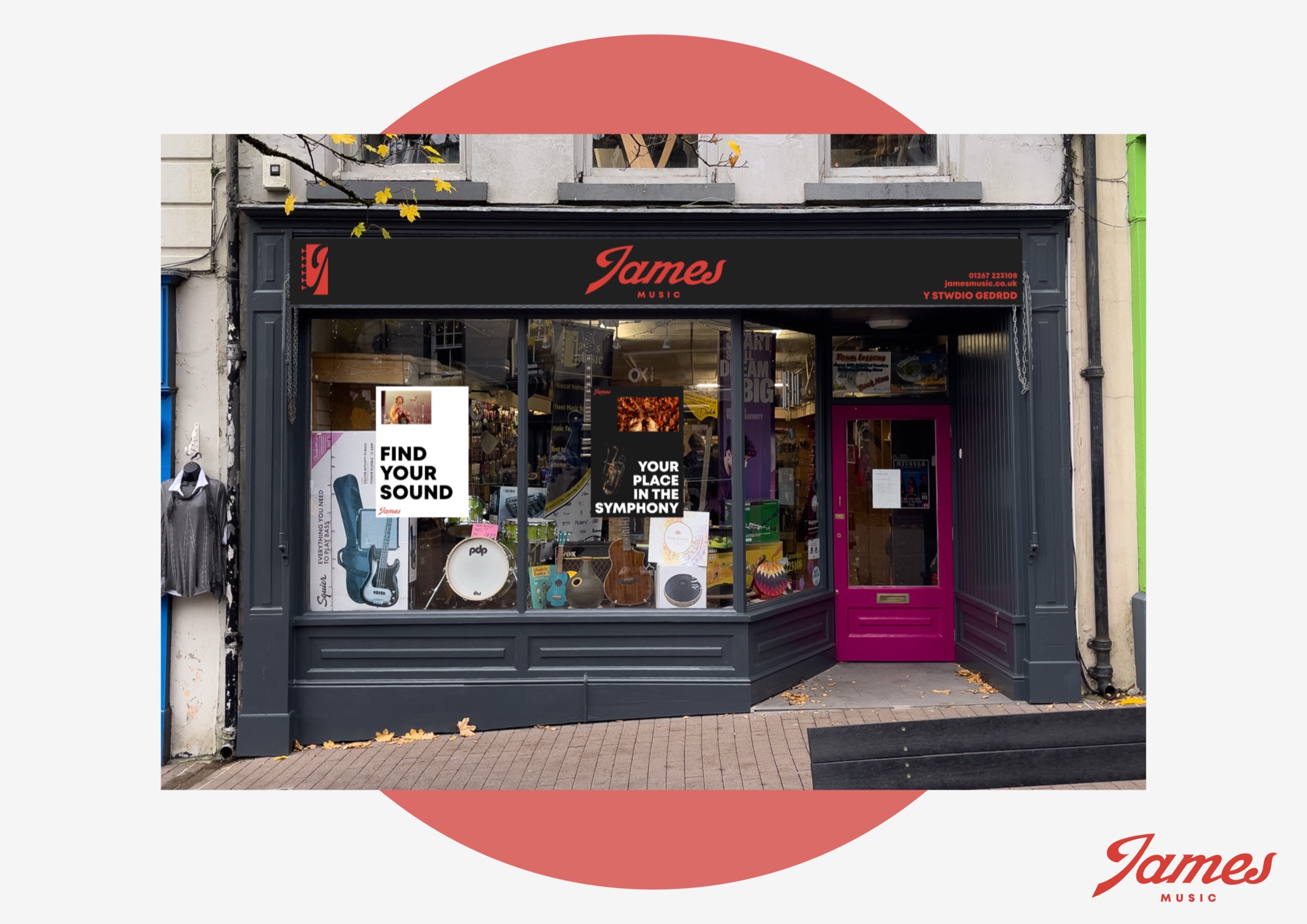 James Music shopfront — High Street, South Wales — black fascia, red logotype, FIND YOUR SOUND and YOUR PLACE IN THE SYMPHONY posters in window, magenta door