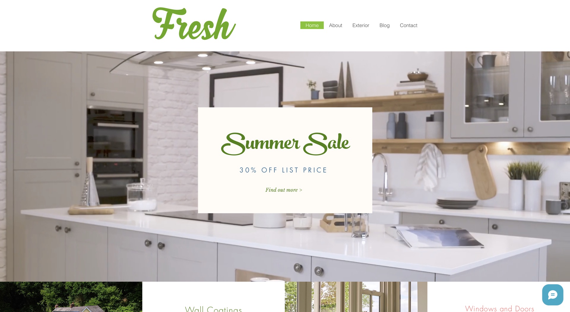 Fresh Home Improvements live site — homepage hero with seasonal promotion, navigation, and the script wordmark