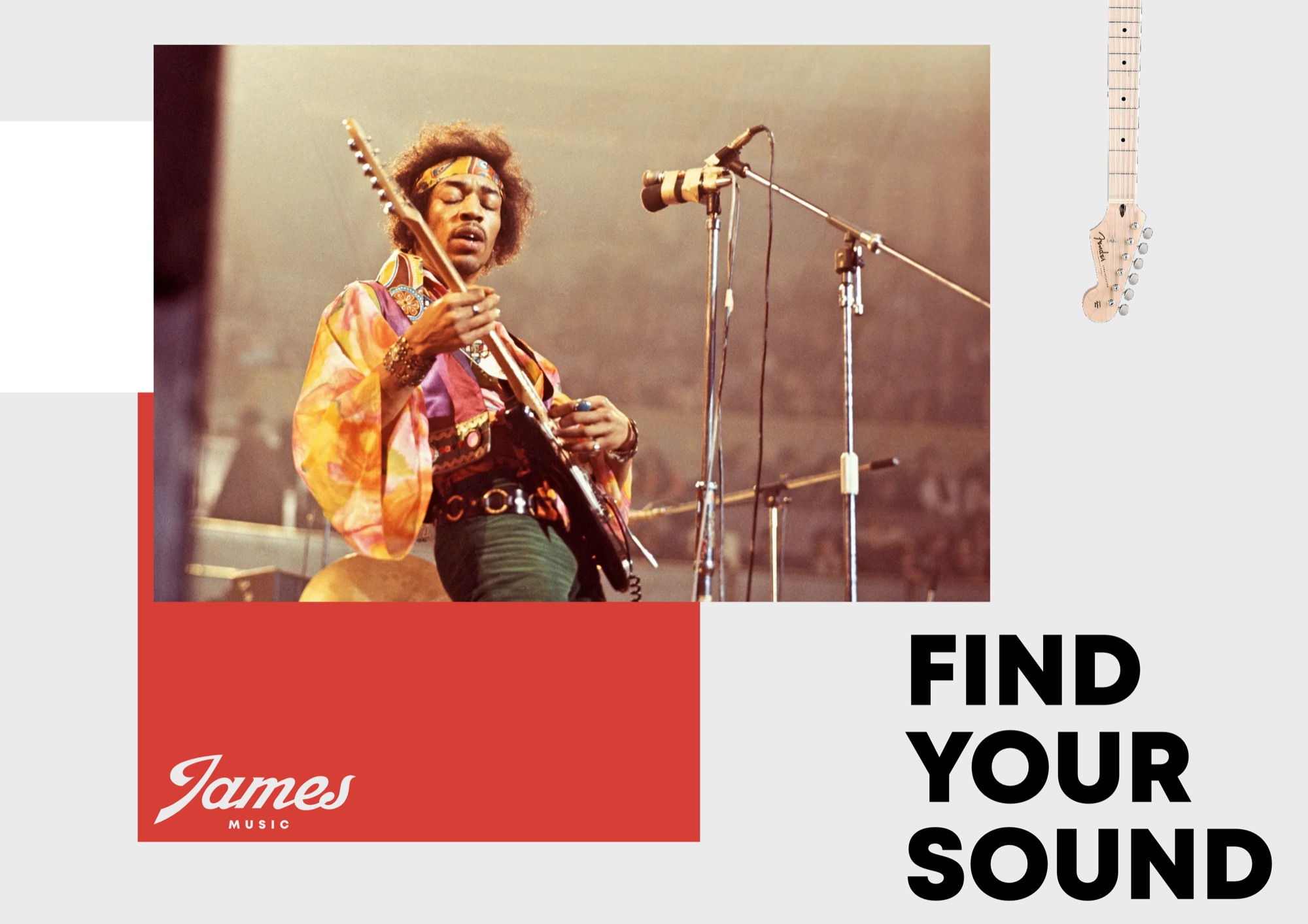 Find Your Sound — campaign poster, Hendrix performing live with red colour-block