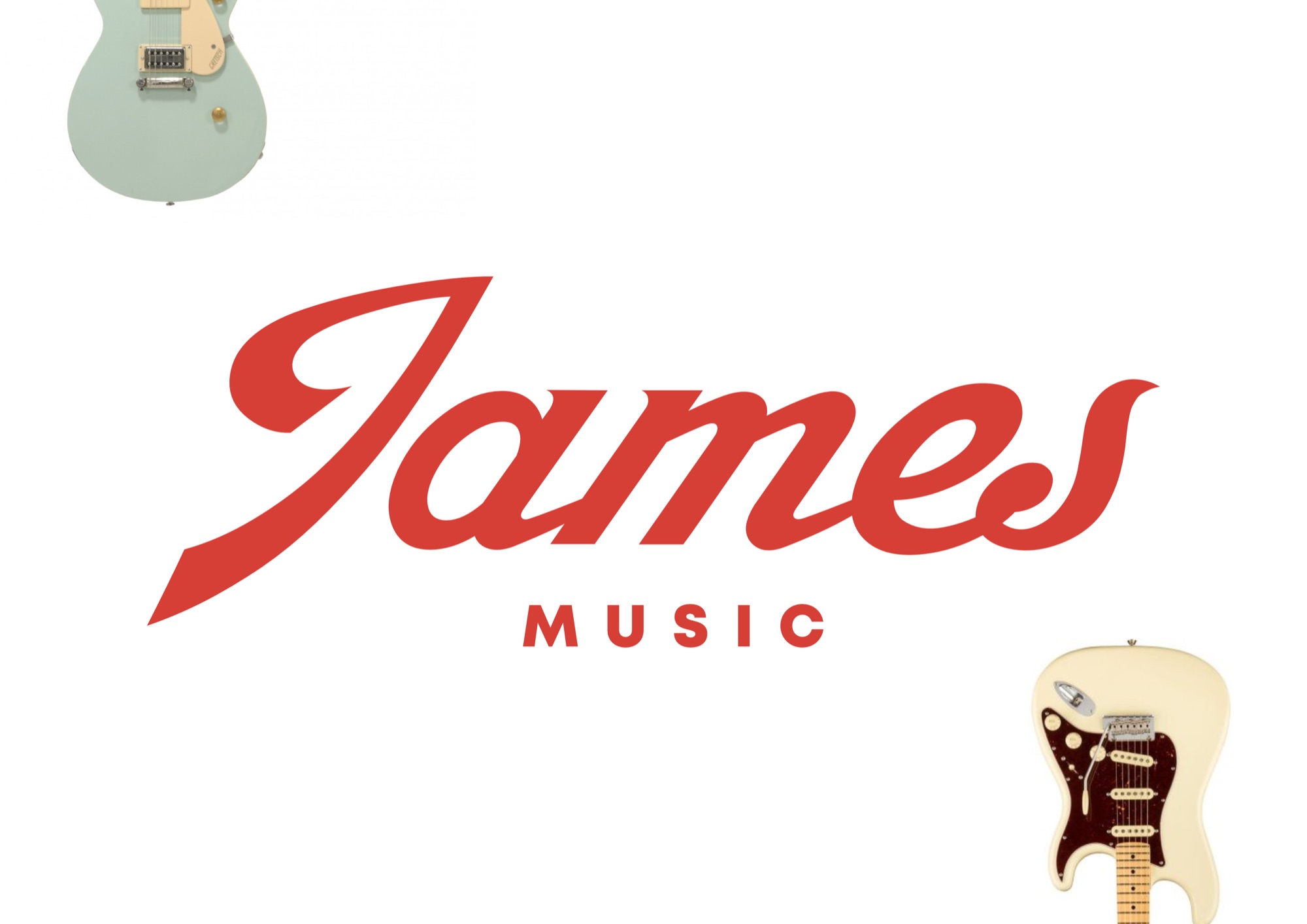 James Music script logotype — red on near-black, with floating Telecaster and Les Paul