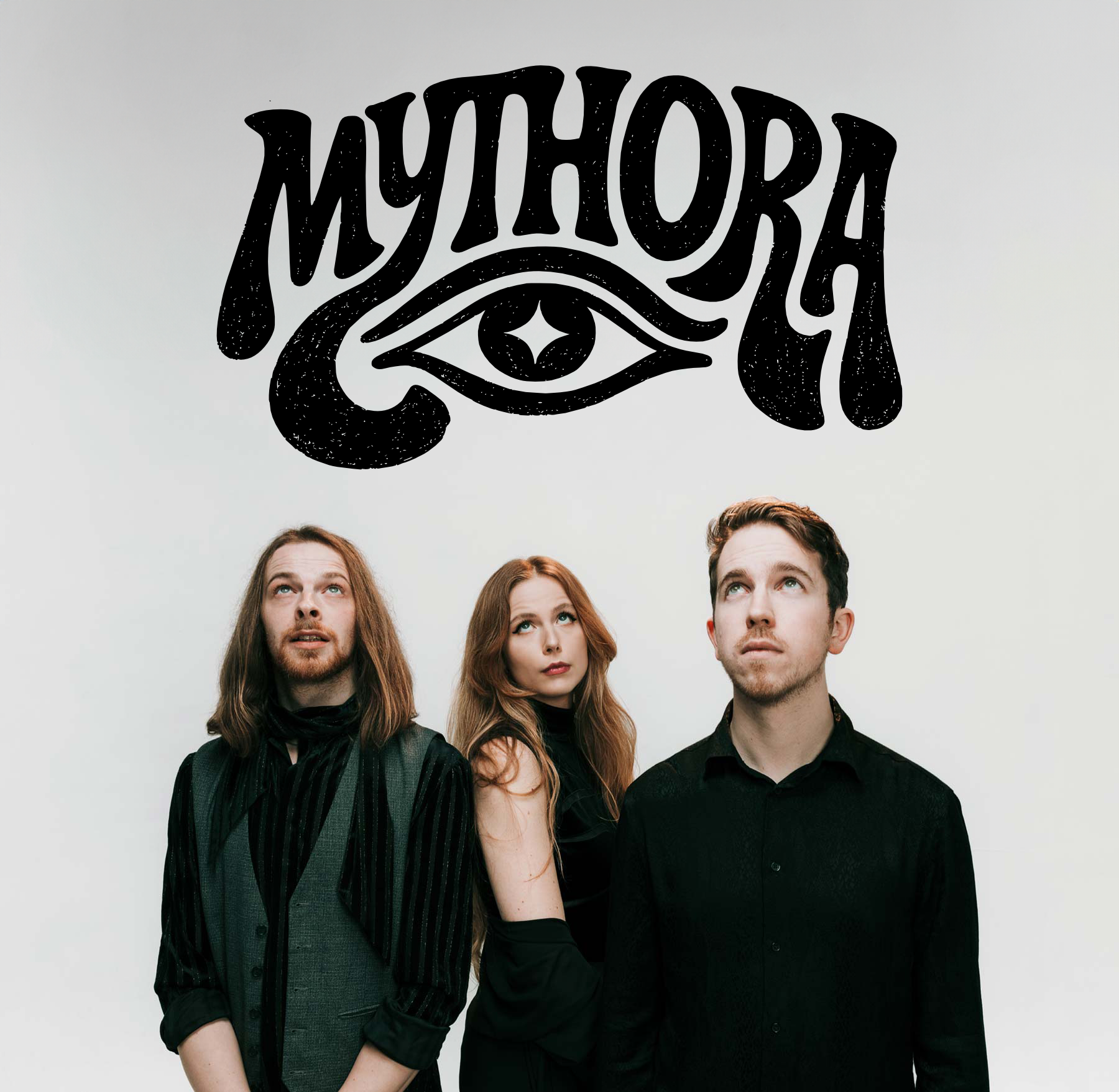 Mythora — promotional band photograph with logo above the trio, looking up
