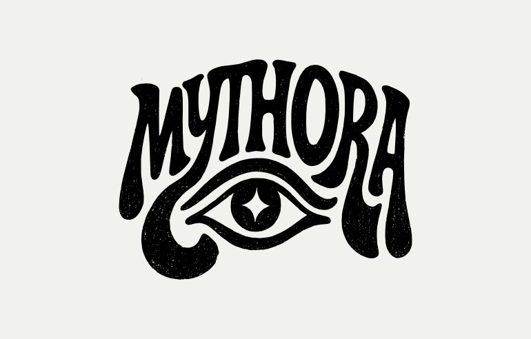 Mythora primary mark — psychedelic letterforms arching over an all-seeing eye with four-pointed star pupil