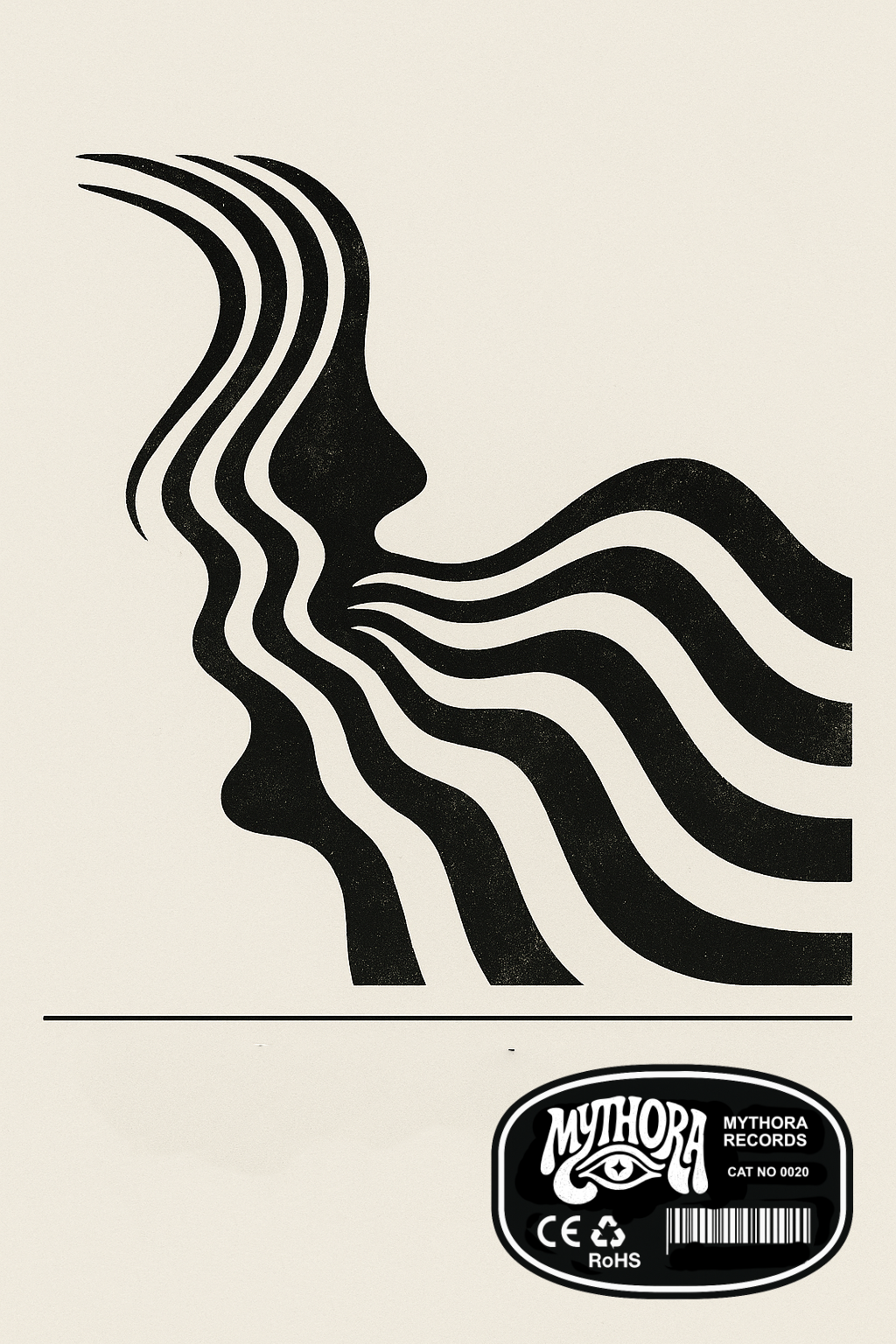 Mythora poster — flowing-hair face emerging from waves, monochrome on paper