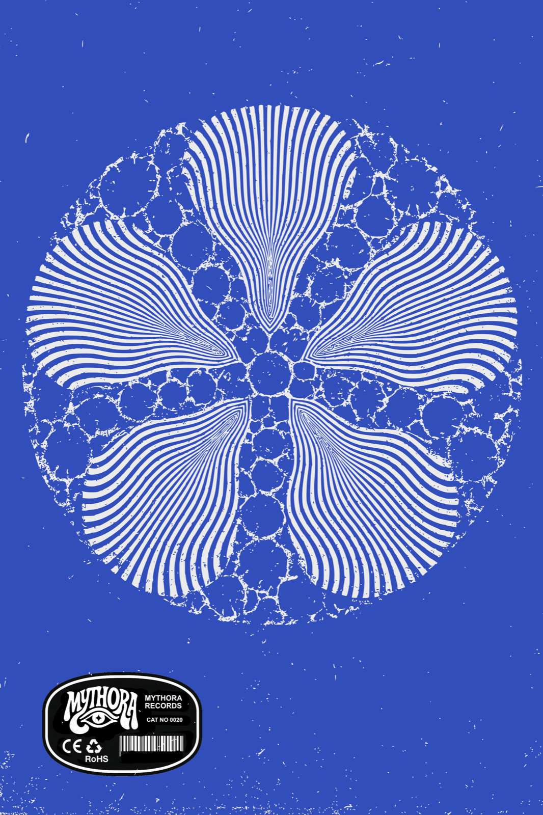 Mythora poster — radial op-art mandala in white on cobalt blue