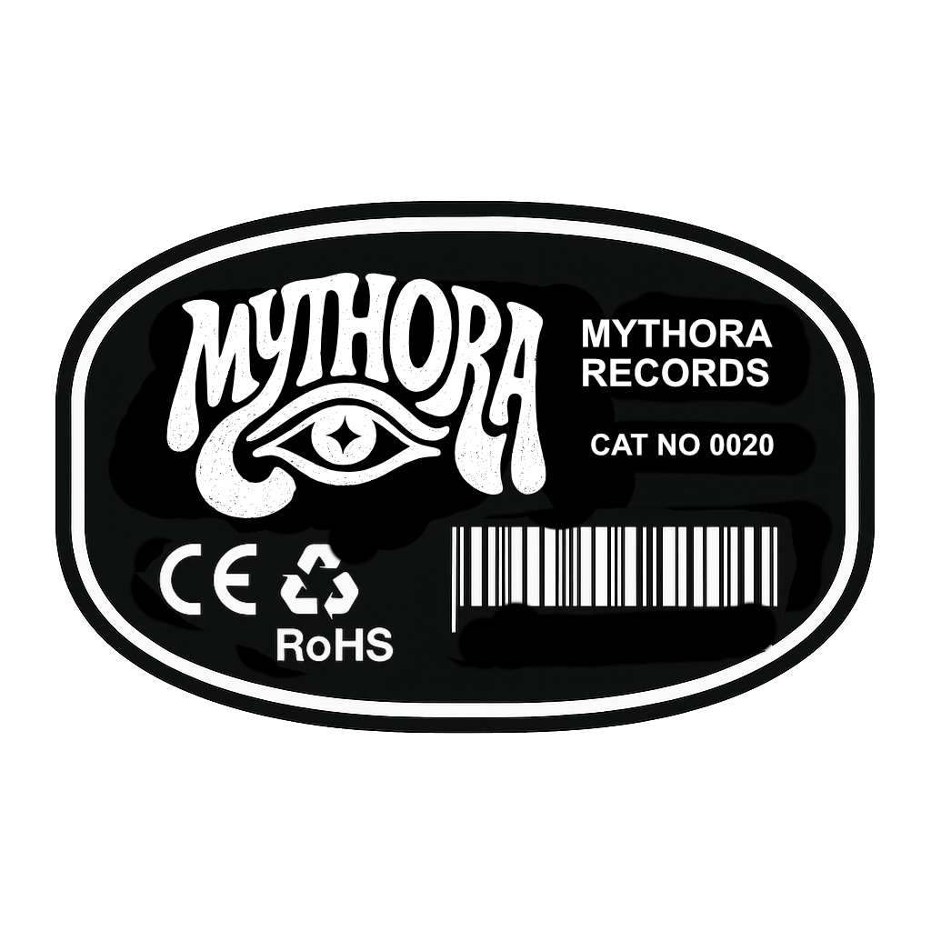 Mythora Records label sticker — black oval with eye-mark, CAT NO 0020, CE / RoHS, barcode