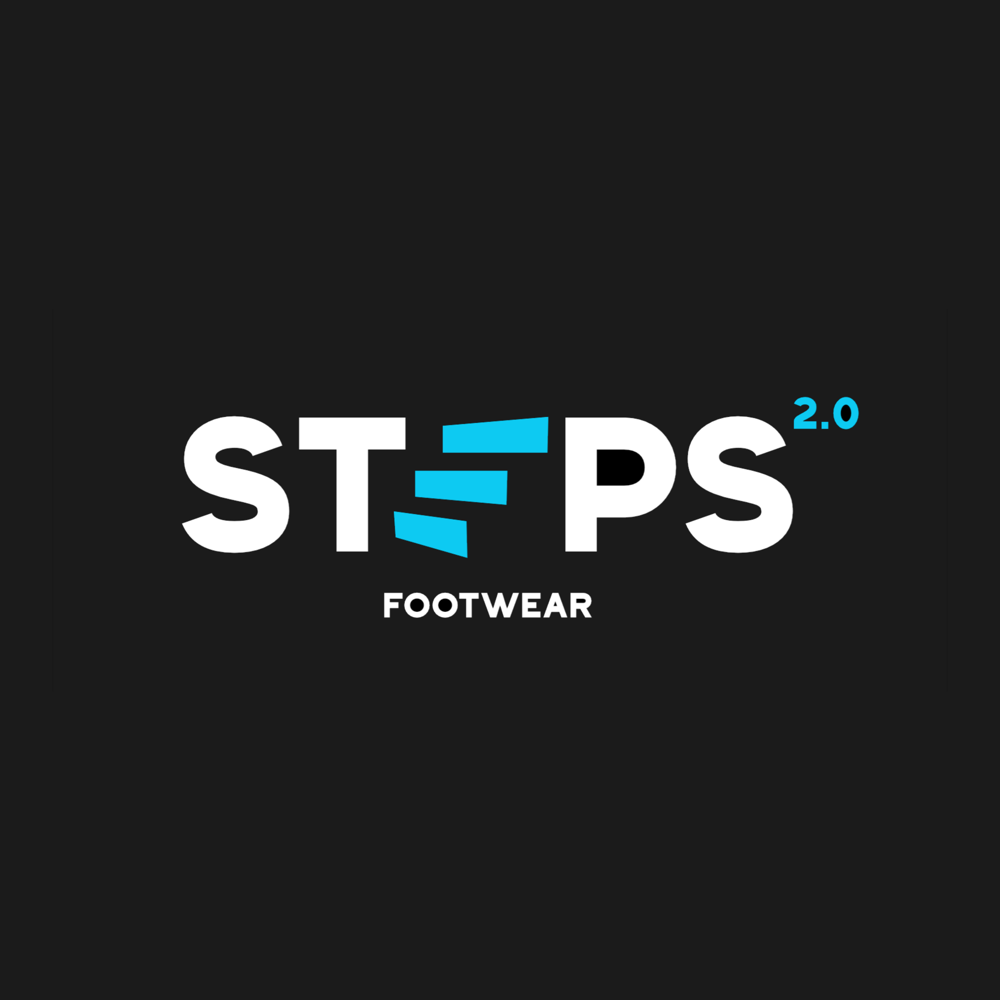 Steps 2.0 primary mark — white wordmark with cyan slash marks replacing the E